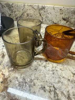 Vintage Arcoroc France Smoked Glass and World Market Amber Leaf Mug Set of 3